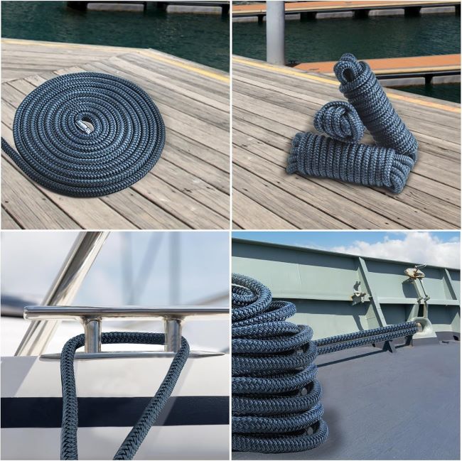Durable PropelTech double-braided nylon dock lines for boats and pontoons, 15 feet, navy blue.