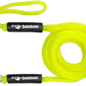 SandShark Premium Anchor Bungee Dock Line in neon green, 7-14ft, shock-absorbing with stainless steel clip.