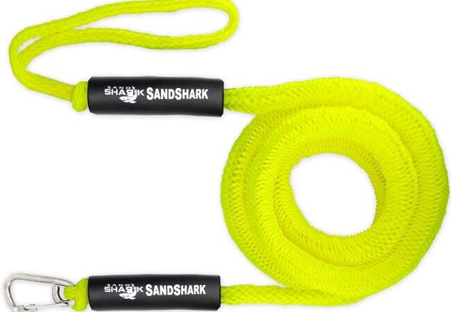 SandShark Premium Anchor Bungee Dock Line in neon green, 7-14ft, shock-absorbing with stainless steel clip.
