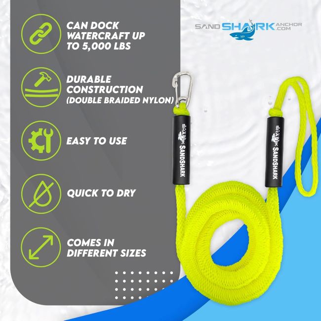 SandShark shock-absorbing bungee dock line, neon green, 7-14ft, ideal for boating and anchoring.