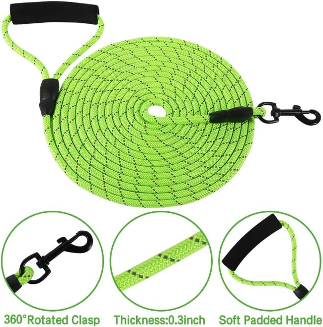 Long 20ft dog training leash ideal for swimming, hiking, beach, and camping adventures.
