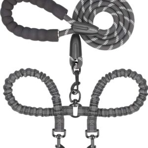 iYoShop dual dog leash with 360° swivel shown on two large dogs during a walk
