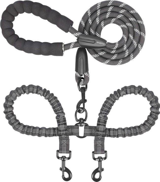 iYoShop dual dog leash with 360° swivel shown on two large dogs during a walk