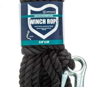 Close-up of Attwood 11739-2 20-foot poly winch rope showing rugged 3/8-inch construction.