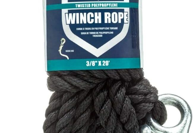 Close-up of Attwood 11739-2 20-foot poly winch rope showing rugged 3/8-inch construction.
