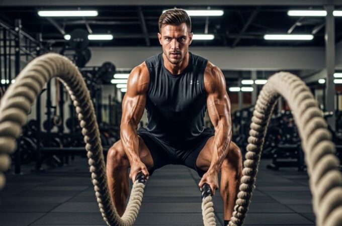 Athletic man performing double wave battle rope slams in gym with proper stance and full body engagement