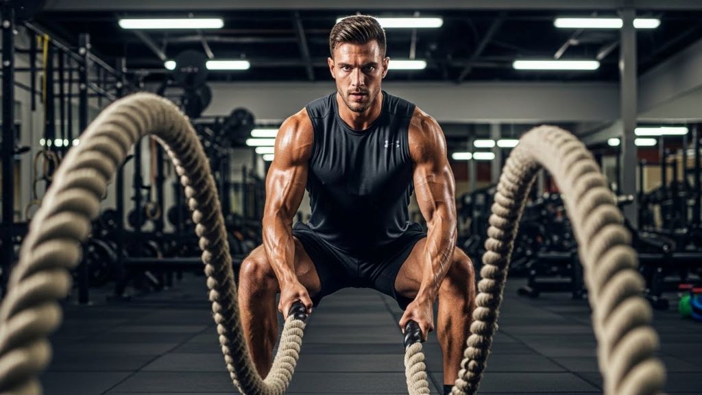 Athletic man performing double wave battle rope slams in gym with proper stance and full body engagement