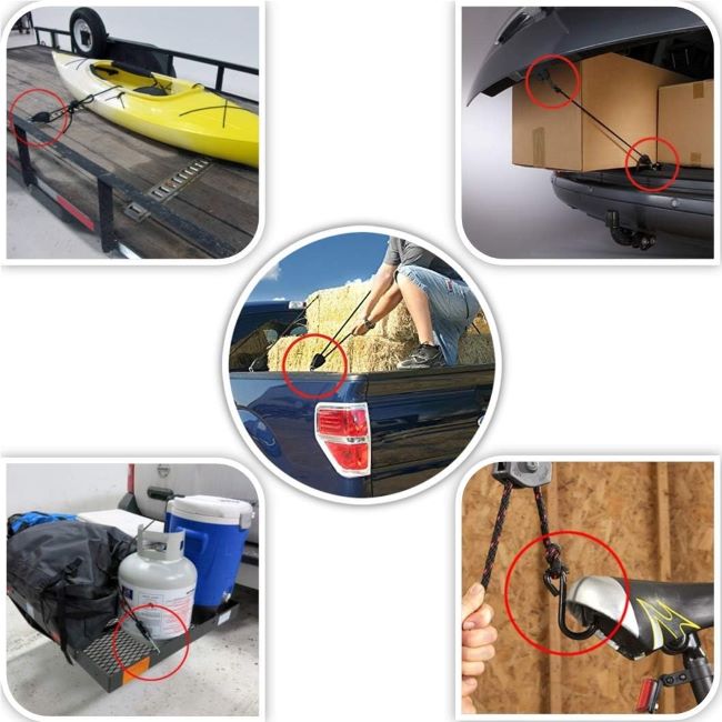 Close-up of LE KAPMOZ ratchet pulley tie-down straps used for stabilizing kayak loads.