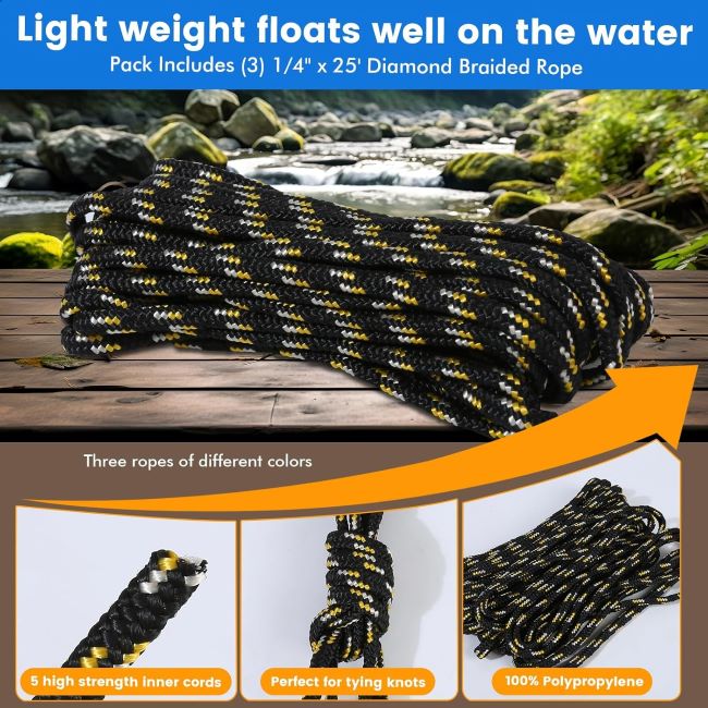 MaxxHaul 50228 1/4 inch x 25 ft diamond braided rope in multicolor, durable and weather-resistant.