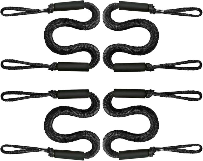 XUANNIAO 4-pack bungee dock lines in black for boats, jet skis, and kayaks.