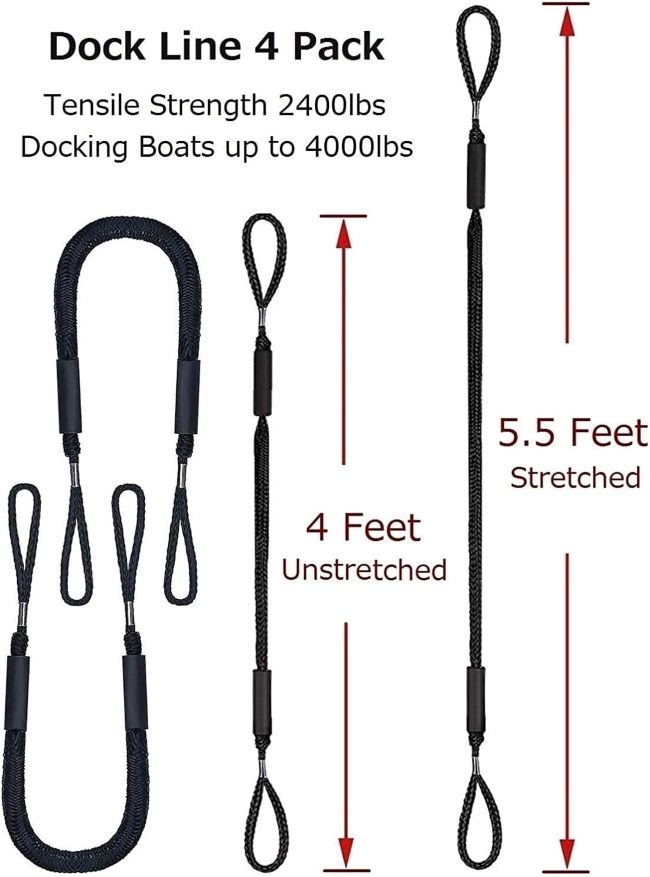Set of four XUANNIAO bungee dock lines for securing watercraft at docks.