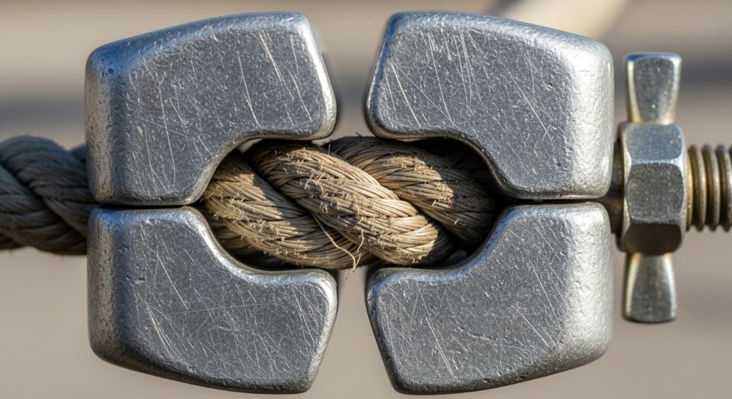 Close-up of rope clamp gripping mechanism showing grooved plates securing rope against slippage