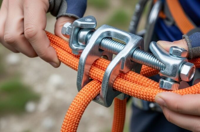 Hands installing a metal rope clamp on thick climbing rope with proper positioning and alignment
