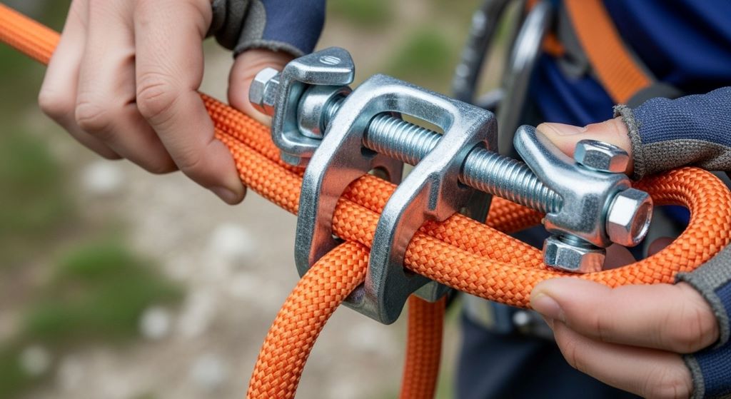 Hands installing a metal rope clamp on thick climbing rope with proper positioning and alignment