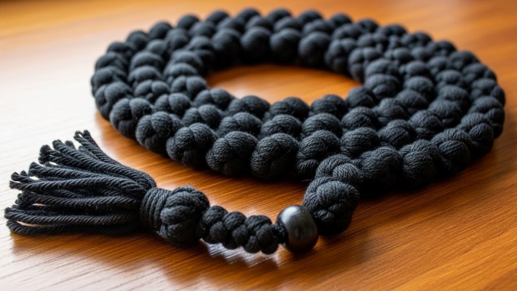Completed Orthodox Christian prayer rope with 100 black wool knots and decorative tassel displayed on wooden surface