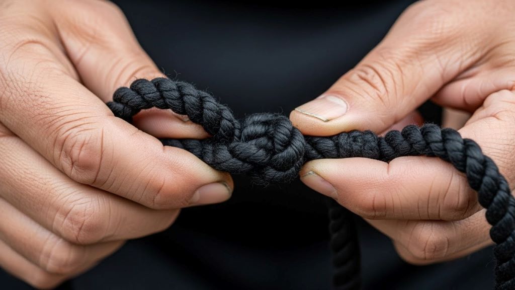 Close-up of hands tying traditional seven-loop knots in black wool prayer rope showing the intricate crossing pattern
