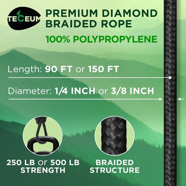 TECEUM 1000lb all-purpose rope, 1/4” & 3/8”, diamond braided for camping and outdoor use