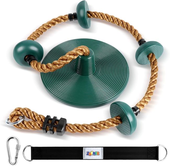 ZNCMRR climbing rope swing with platforms and disc seat hanging from a tree