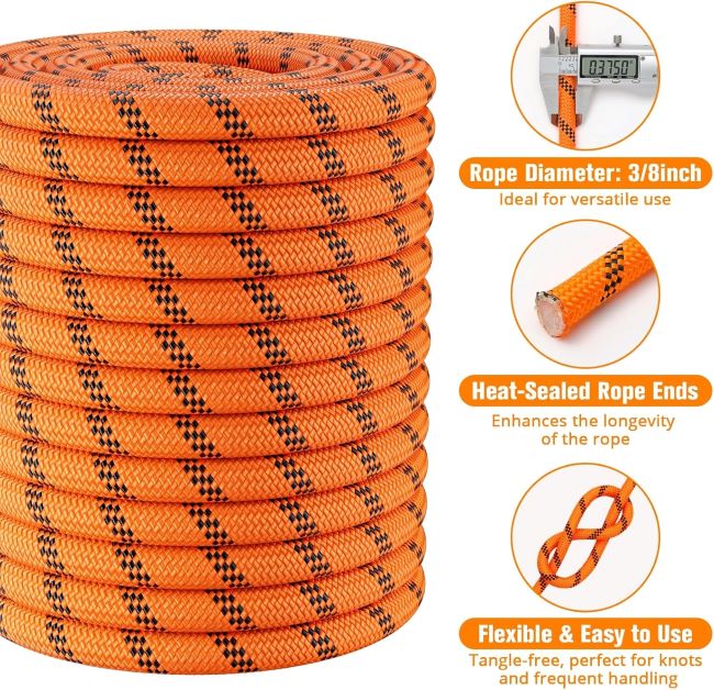HOKINETY Arborist Rigging Rope – Heavy-duty double braided arborist rope for tree work, camping, and rescue, orange 3/8 in x 100 ft.