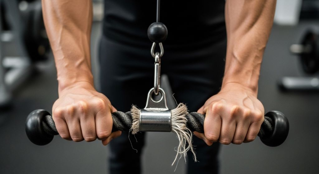Close-up of hands gripping tricep rope attachment with wrists flared at bottom of pushdown