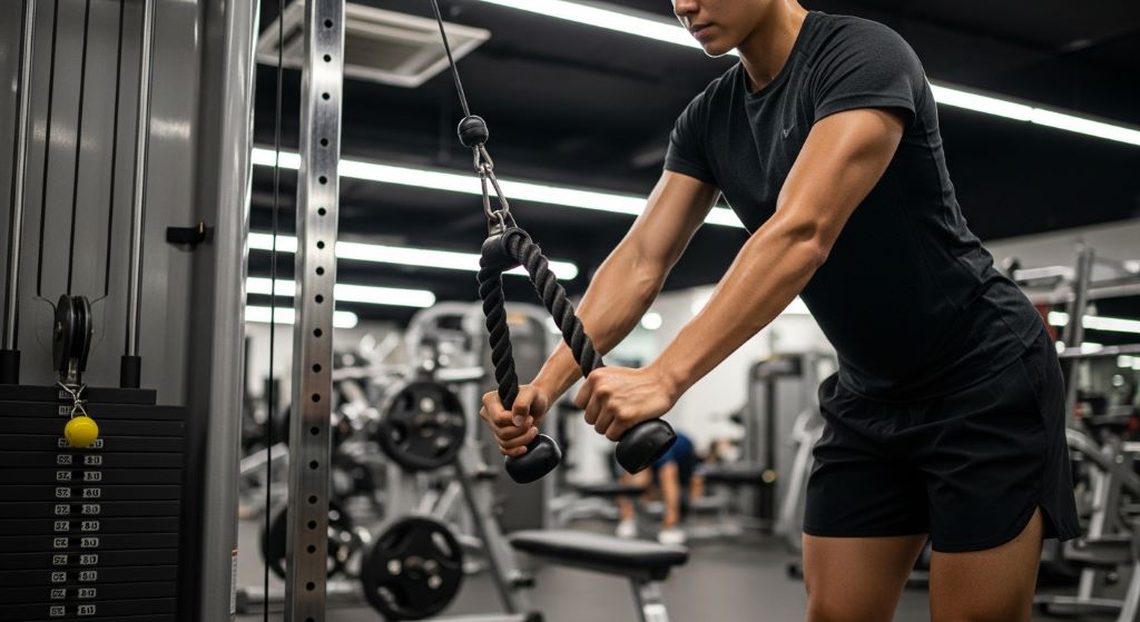 Person performing tricep rope pushdown exercise on cable machine at gym