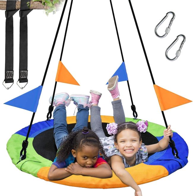 PACEARTH 40 Inch Saucer Tree Swing – colorful round tree swing seat with adjustable ropes and heavy-duty straps for kids’ backyard play