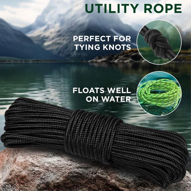 TECEUM Utility Rope – black diamond braided polypropylene nylon rope for camping, crafting, and outdoor utility use