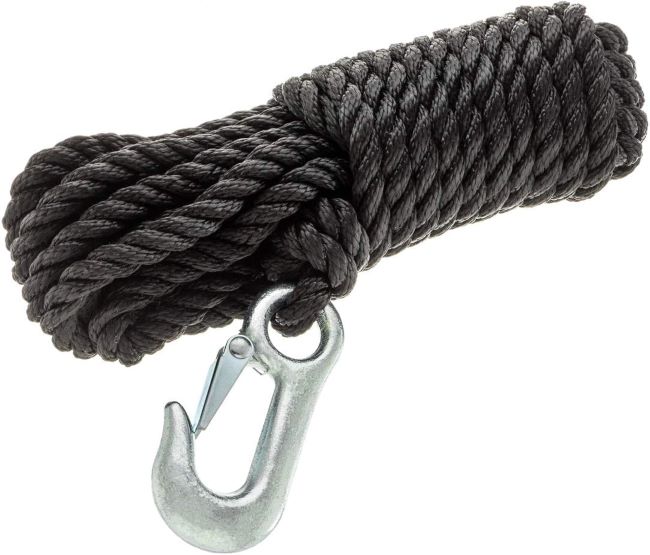 Attwood poly winch rope with steel hook, suitable for towing, marine use, and light-duty pulling tasks