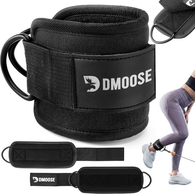 DMoose padded ankle straps for cable machines used in glute workouts, hip abductions, kickbacks, and leg training exercises