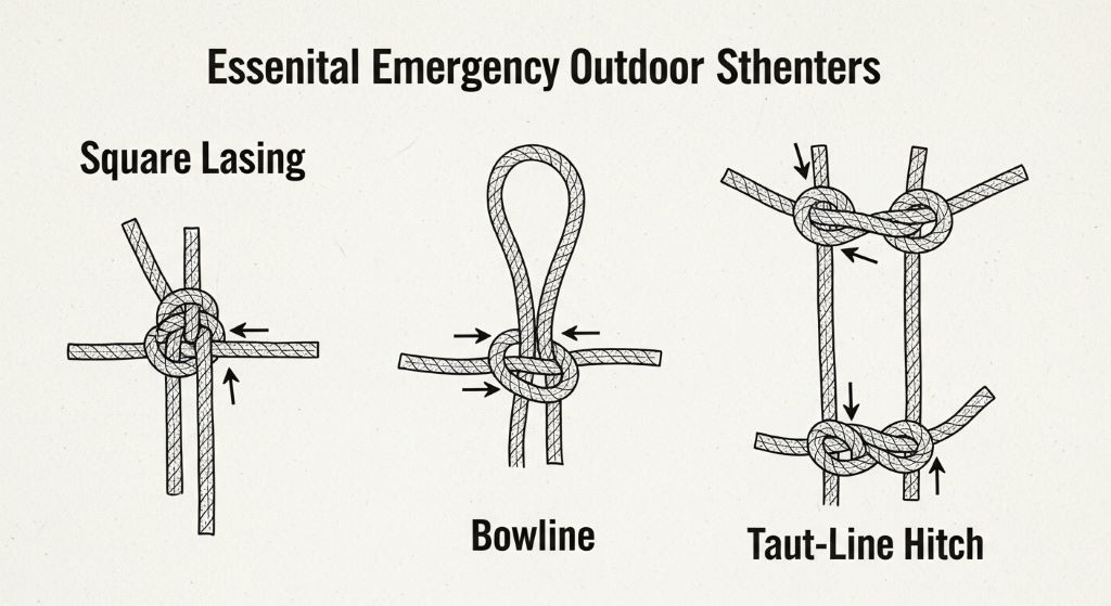 Diagram showing square lashing, bowline, and taut-line hitch rope techniques used for building emergency outdoor shelters