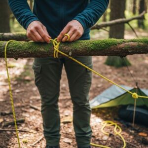 Person tying a clove hitch knot on a tree branch to set up a rope ridgeline for an emergency tarp shelter in a forest