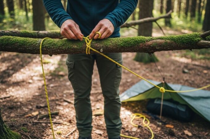 Person tying a clove hitch knot on a tree branch to set up a rope ridgeline for an emergency tarp shelter in a forest