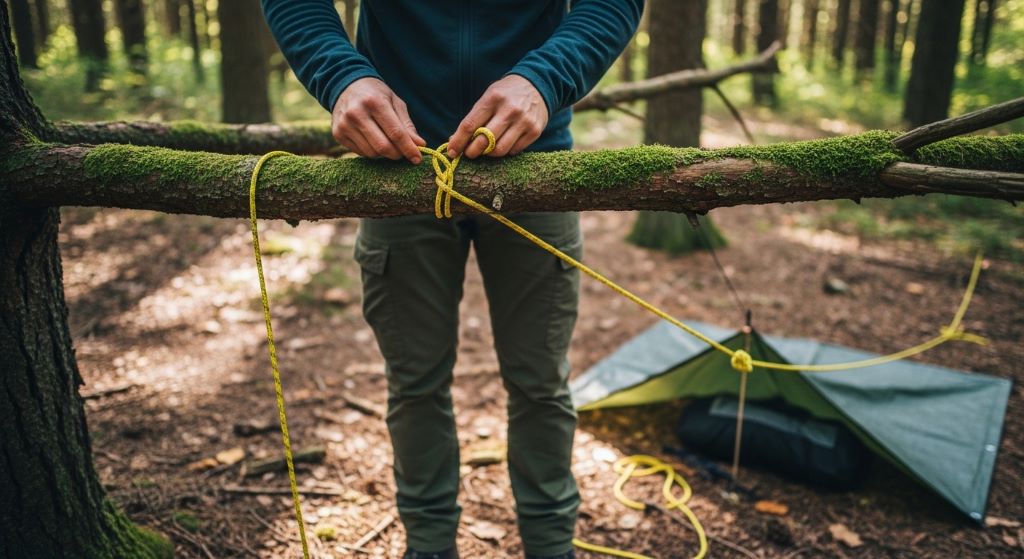 Person tying a clove hitch knot on a tree branch to set up a rope ridgeline for an emergency tarp shelter in a forest