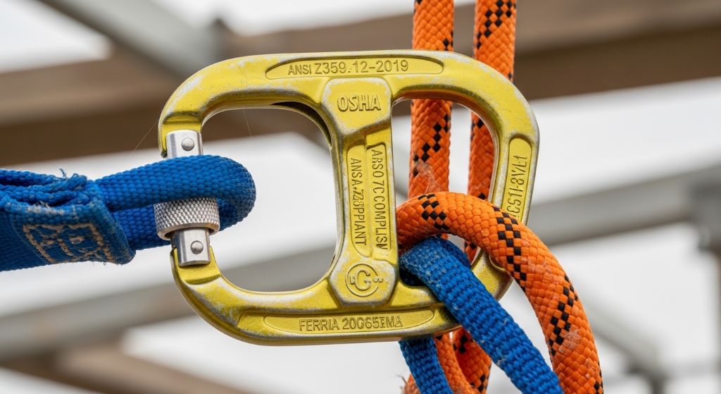 Close-up of a certified safety rope and harness connector used in construction fall protection