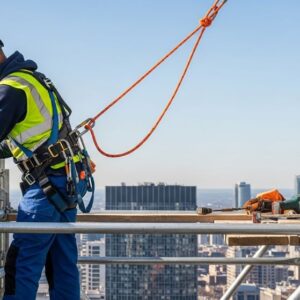 Construction worker wearing a safety harness connected to a dynamic rope on a building scaffold