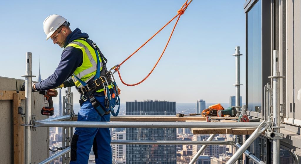 Construction worker wearing a safety harness connected to a dynamic rope on a building scaffold