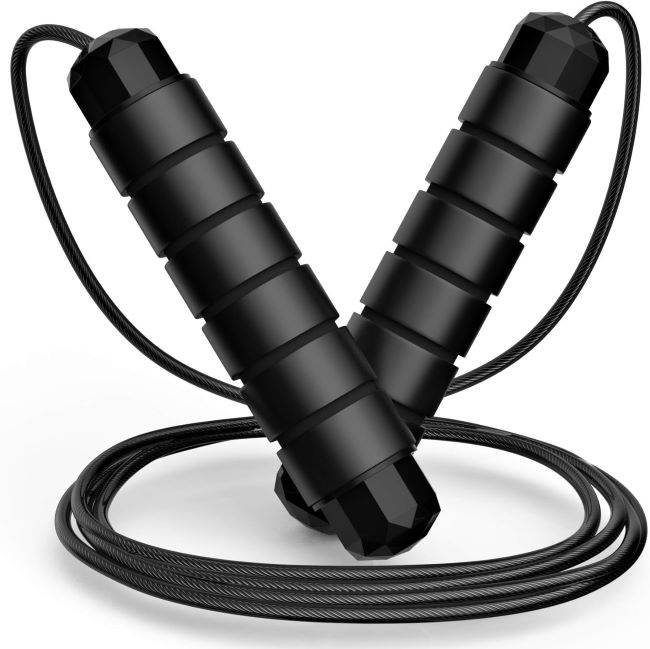 Loocio tangle-free speed jump rope with ball bearings and foam handles for home gym cardio, fitness, and weight loss workouts