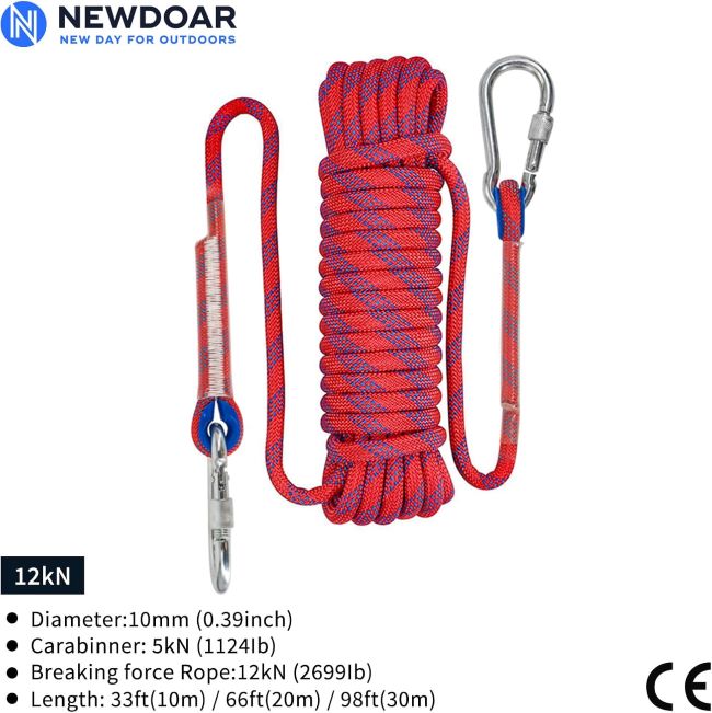 NewDoar high strength climbing rope with steel hooks designed for rescue, rappelling, cliff safety, and emergency escape situations