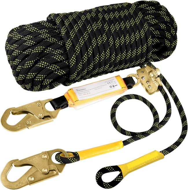TRSMIMA safety lanyard rope with shock absorber and snap hooks for fall protection in climbing and roofing tasks