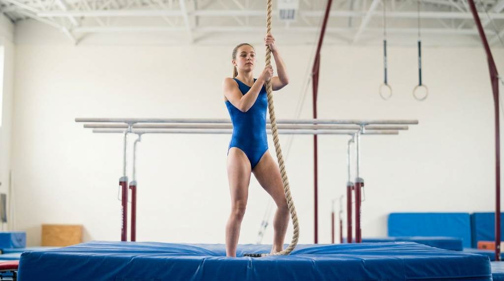 Beginner gymnast learning how to climb a rope safely indoors