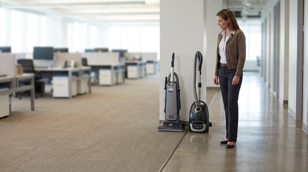 Business owner comparing commercial vacuum cleaners