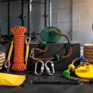 Gymnastics rope for climbing installed in a Colorado home gym
