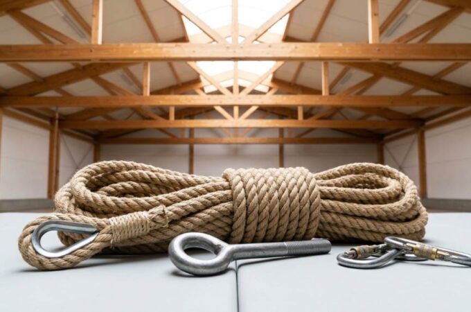 Installing a gymnastics climbing rope on a garage ceiling beam