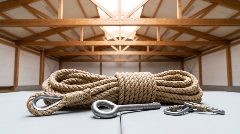 Installing a gymnastics climbing rope on a garage ceiling beam