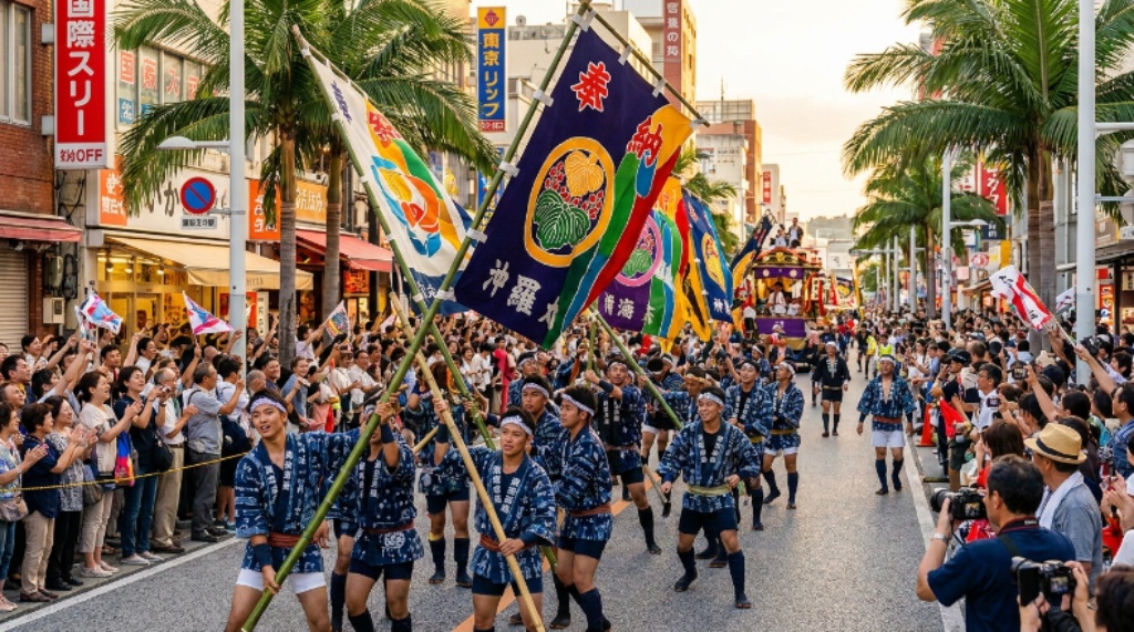 Young men in traditional Okinawan dress carrying and spinning towering Hatagashira banners during the festival parade along Kokusai Street in Naha, Okinawa, surrounded by cheering spectators
