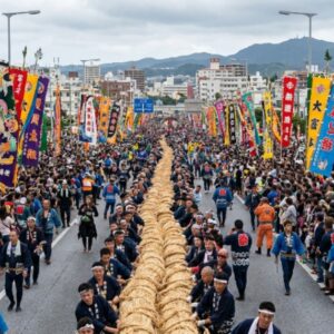 Thousands of participants pulling a massive 40-ton rice straw rope along a closed Route 58 highway during the Naha Tug-of-War Festival in Okinawa, Japan, with colorful Hatagashira banners visible in the crowd