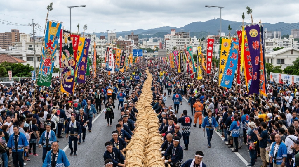 Thousands of participants pulling a massive 40-ton rice straw rope along a closed Route 58 highway during the Naha Tug-of-War Festival in Okinawa, Japan, with colorful Hatagashira banners visible in the crowd