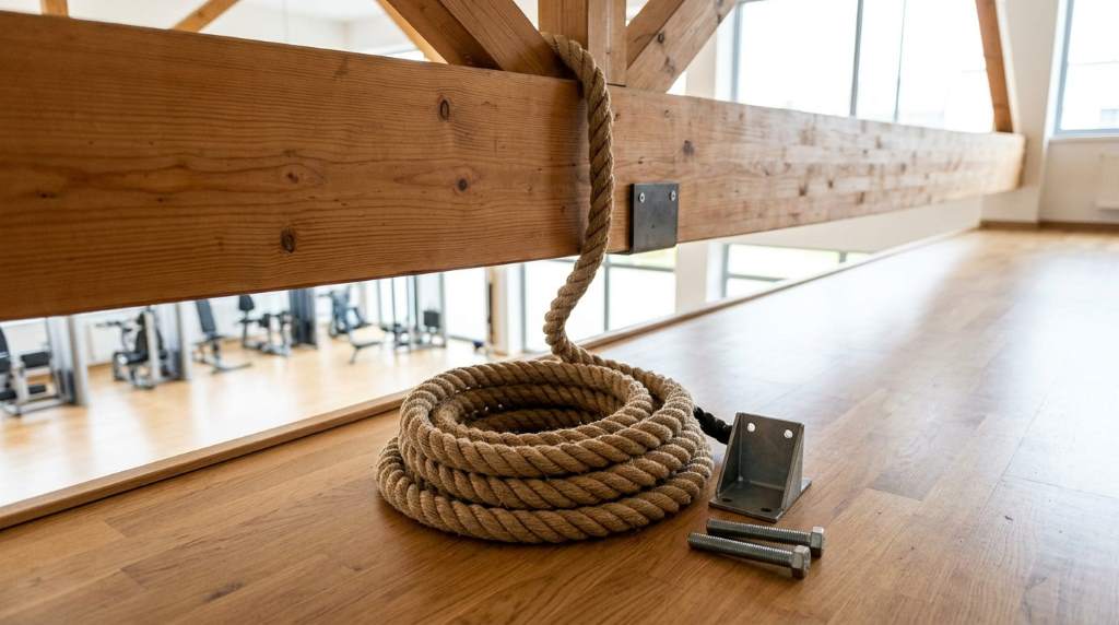 Safe home gym setup with gymnastics climbing rope and floor mats