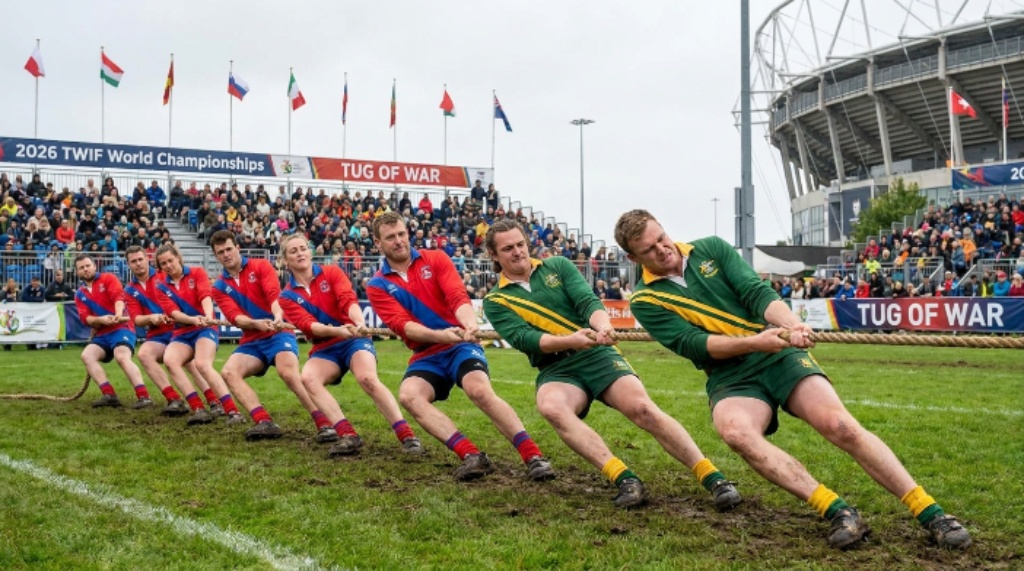 Tug of war teams pulling rope at the 2026 TWIF World Championships outdoor competition