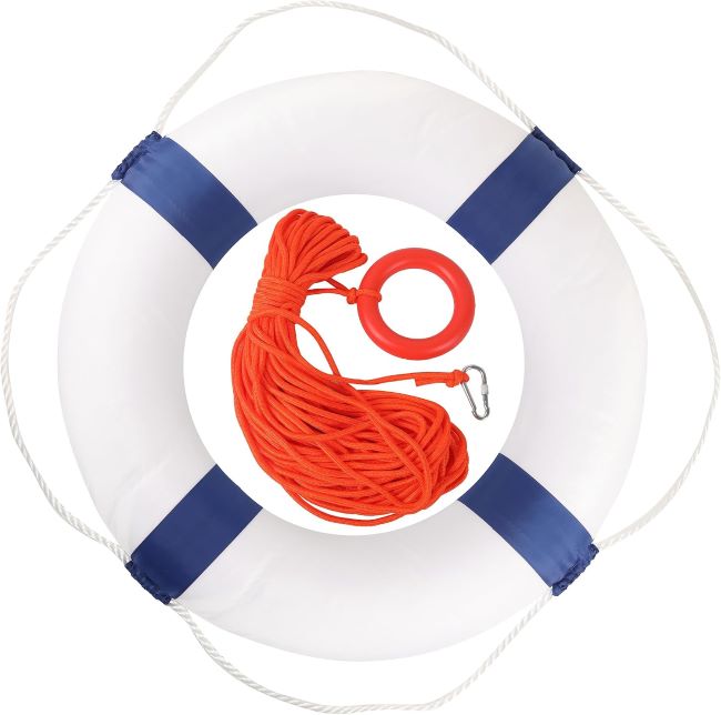 Calvana 20-inch foam life preserver ring with 98.4-foot floating rescue rope for pool and boat safety